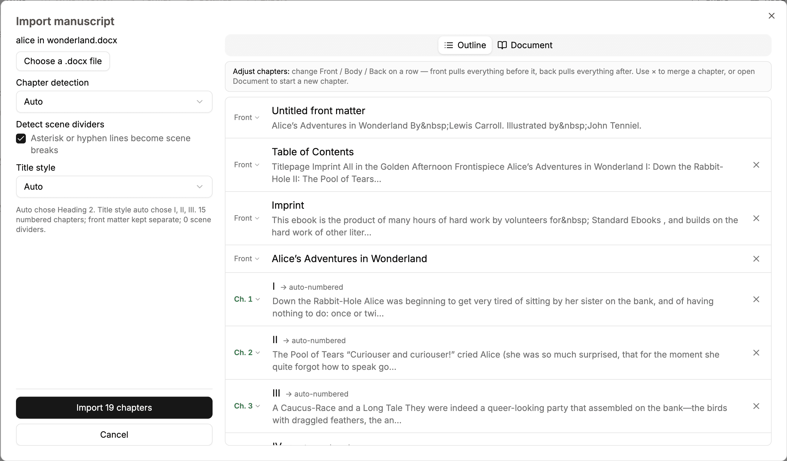 Folius import preview showing detected front matter and chapters
